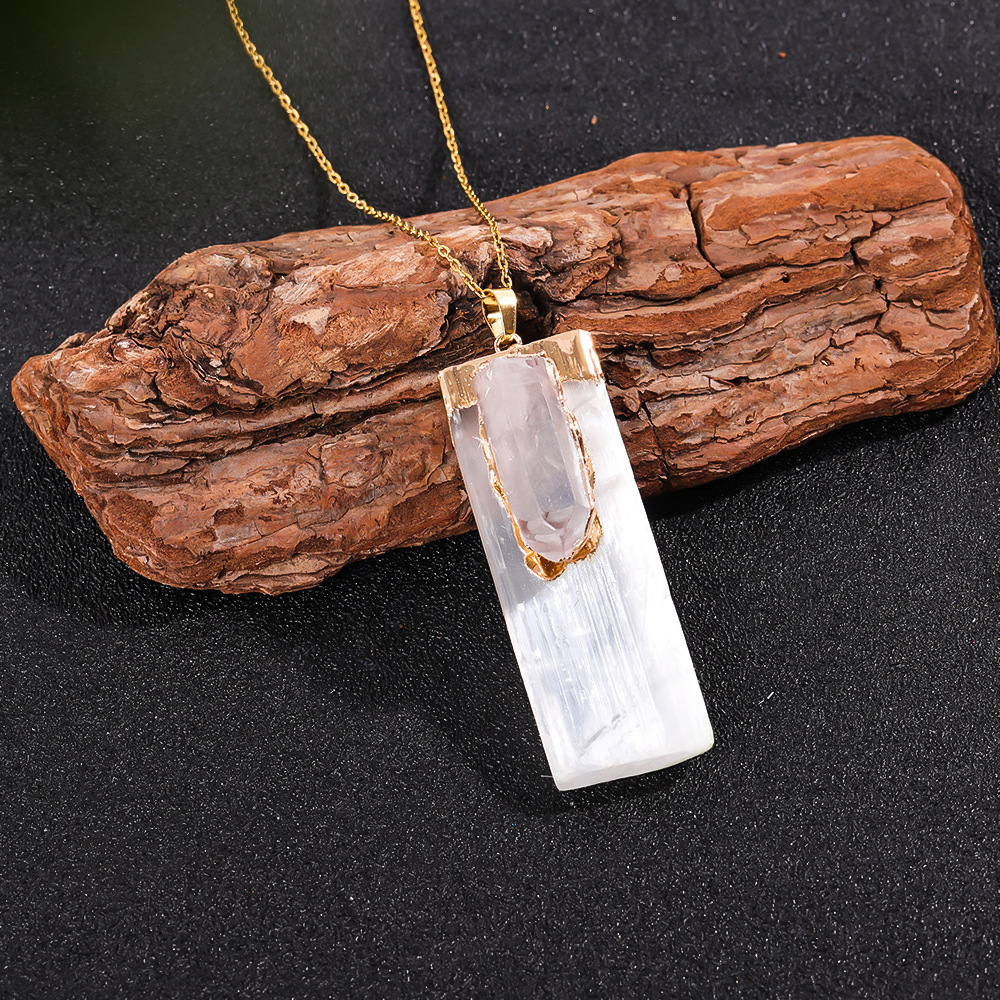 Raw Amethyst Natural Selenite Crystal Gypsum Strip Pendant Necklace