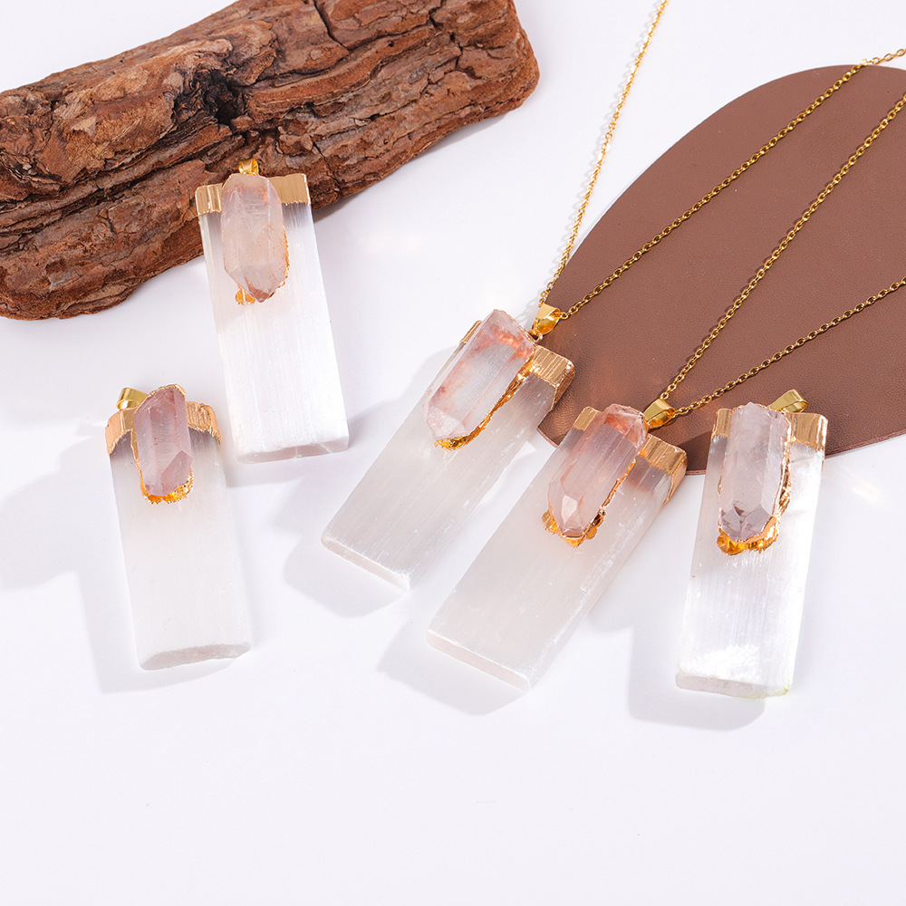 Raw Amethyst Natural Selenite Crystal Gypsum Strip Pendant Necklace