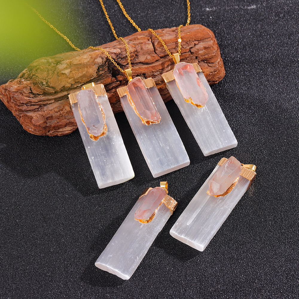 Raw Amethyst Natural Selenite Crystal Gypsum Strip Pendant Necklace