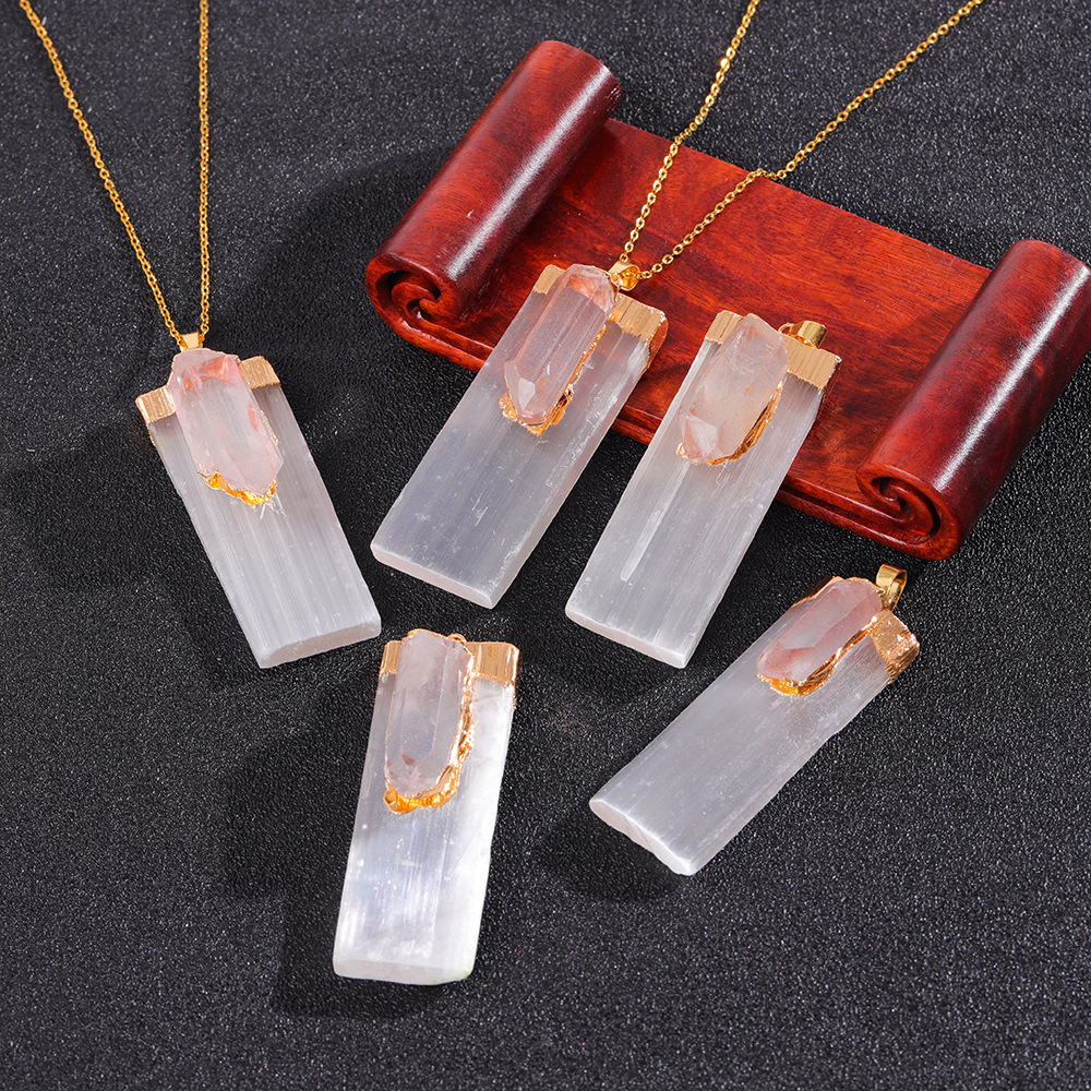 Raw Amethyst Natural Selenite Crystal Gypsum Strip Pendant Necklace