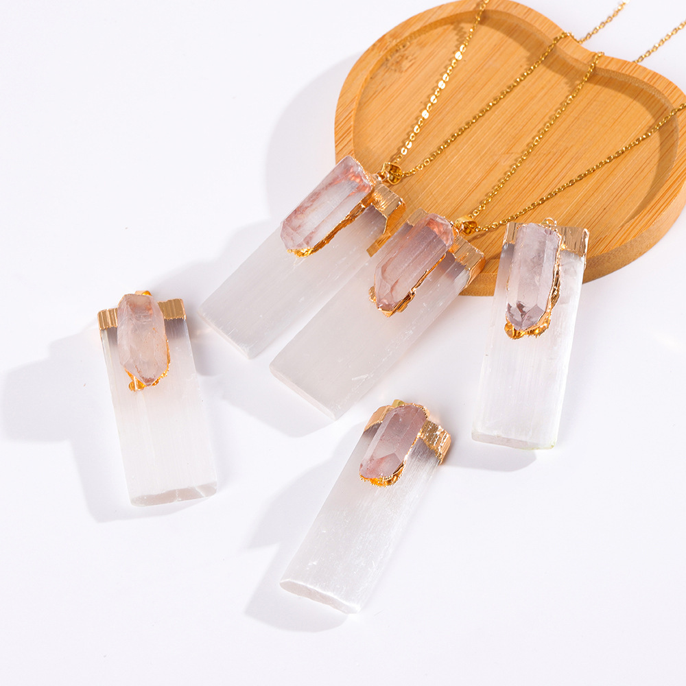 Raw Amethyst Natural Selenite Crystal Gypsum Strip Pendant Necklace