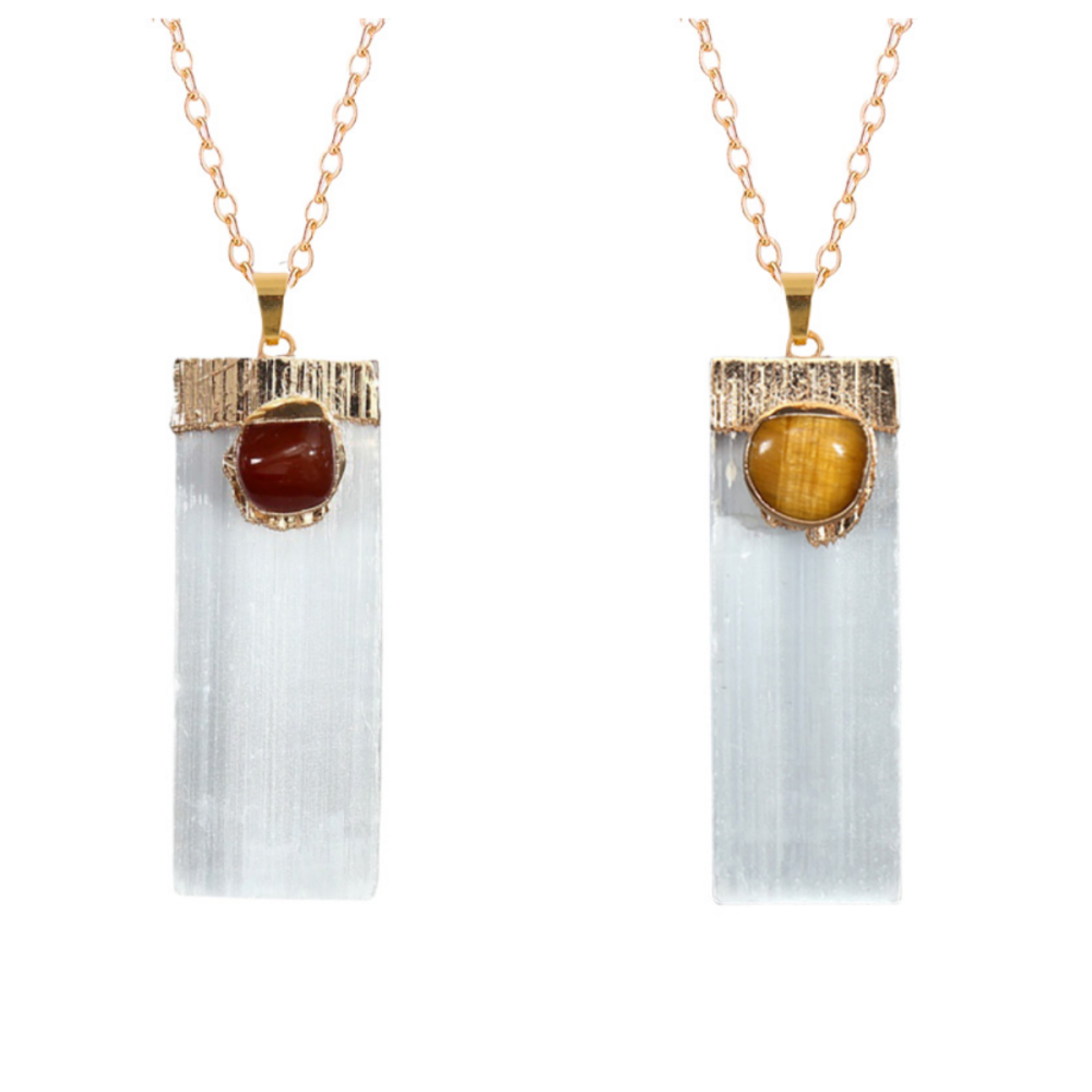 Tumbled Gemstone Wrapped Gold  Selenite Crystal Gypsum Strip Pendant Necklace-45cm Chain