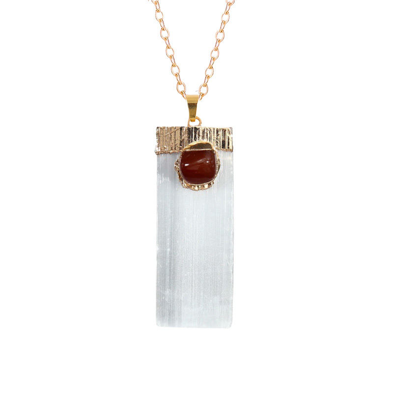 Tumbled Gemstone Wrapped Gold  Selenite Crystal Gypsum Strip Pendant Necklace-45cm Chain