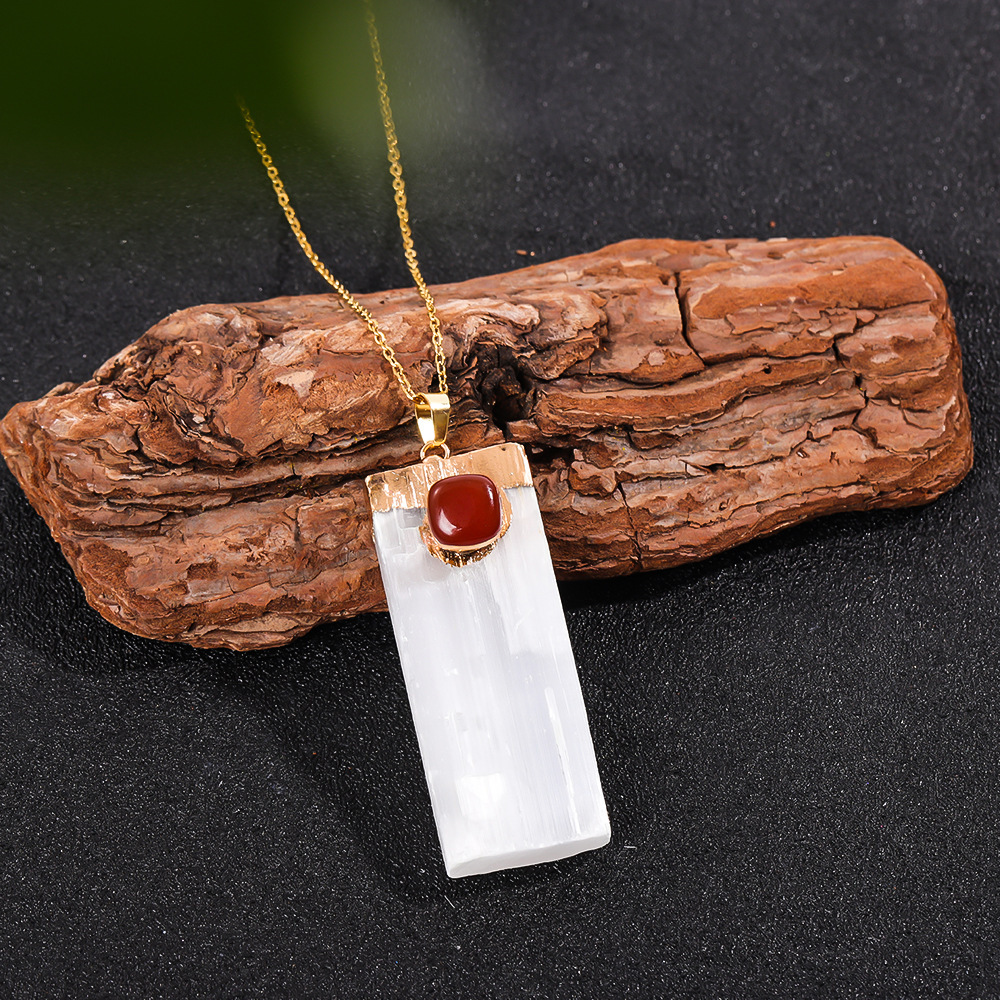 Tumbled Gemstone Wrapped Gold  Selenite Crystal Gypsum Strip Pendant Necklace-45cm Chain