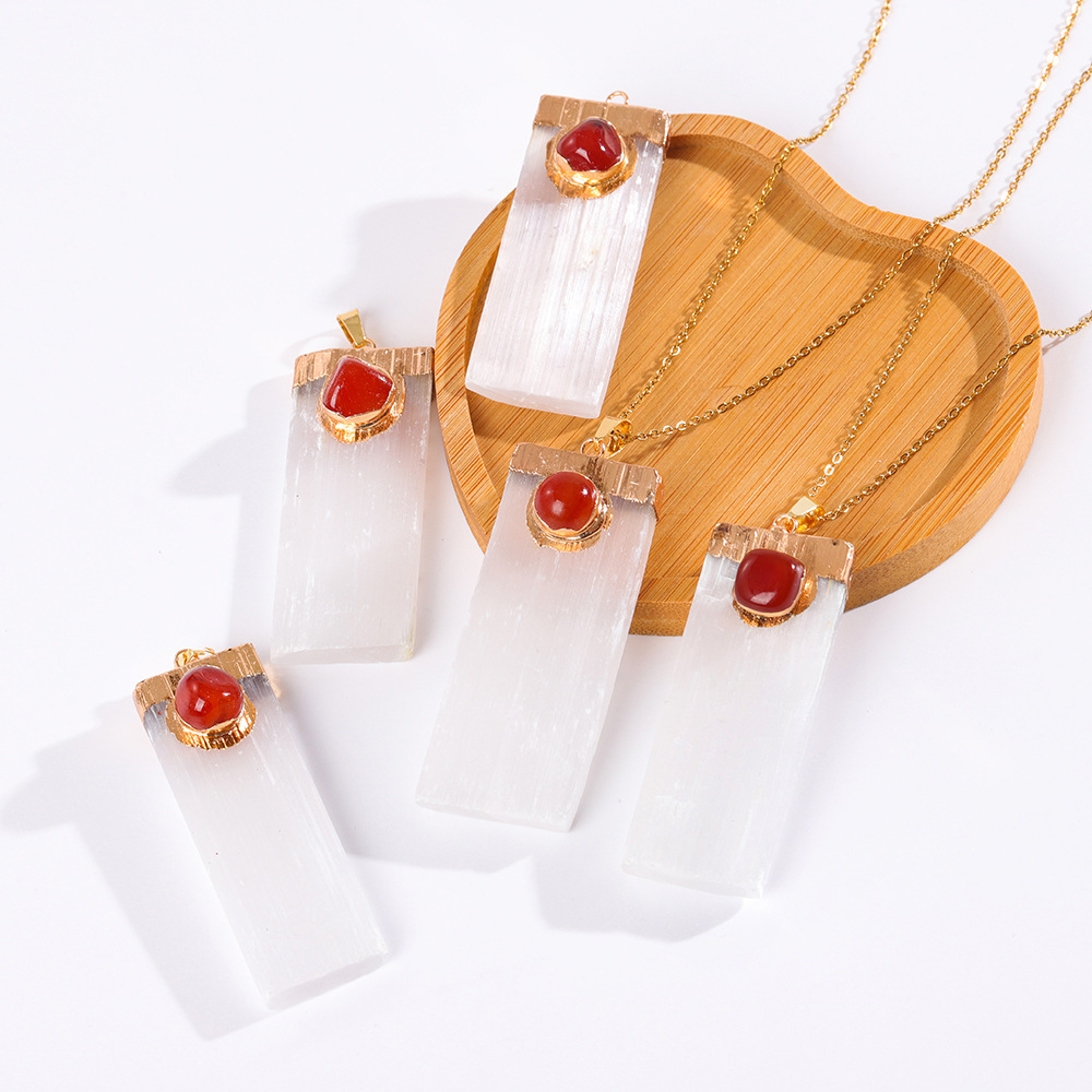 Tumbled Gemstone Wrapped Gold  Selenite Crystal Gypsum Strip Pendant Necklace-45cm Chain