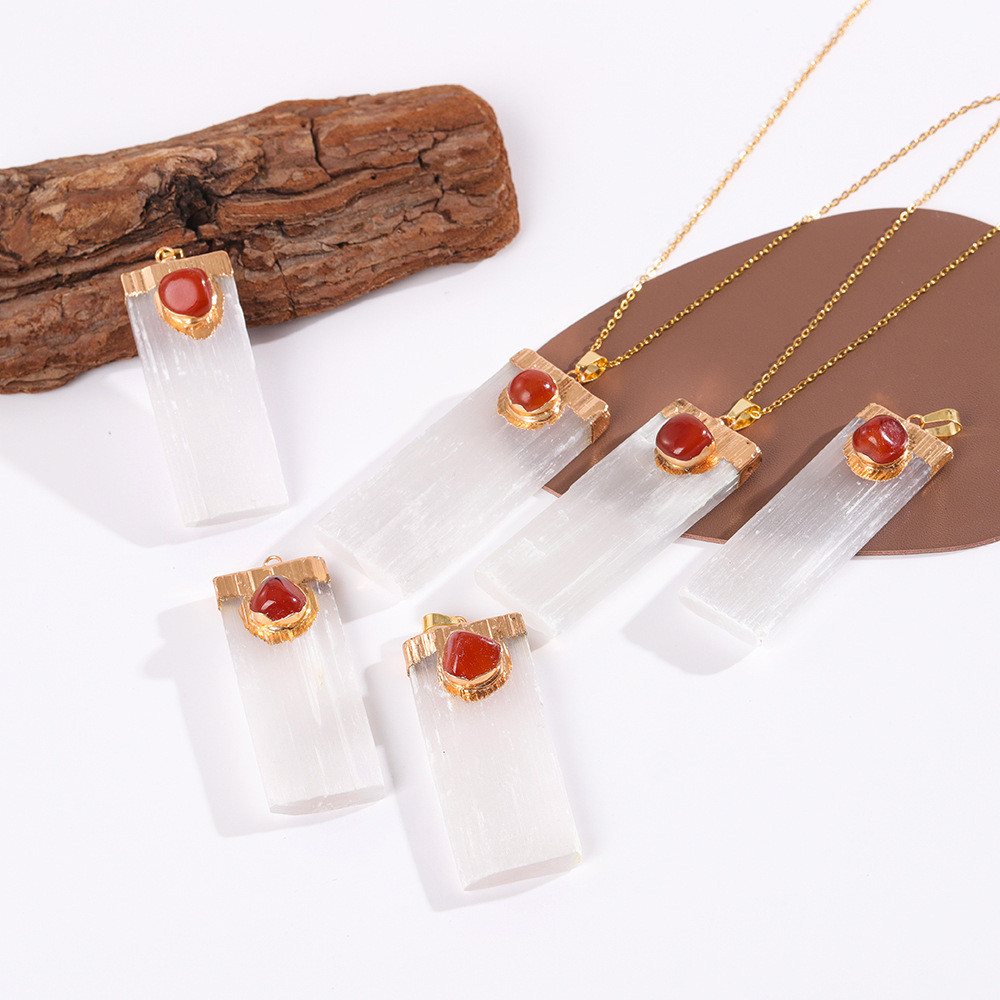 Tumbled Gemstone Wrapped Gold  Selenite Crystal Gypsum Strip Pendant Necklace-45cm Chain
