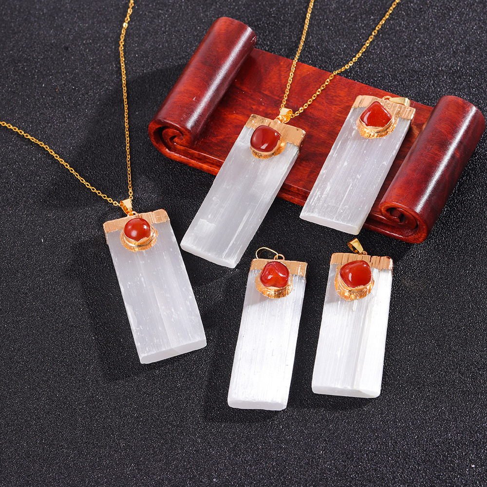 Tumbled Gemstone Wrapped Gold  Selenite Crystal Gypsum Strip Pendant Necklace-45cm Chain