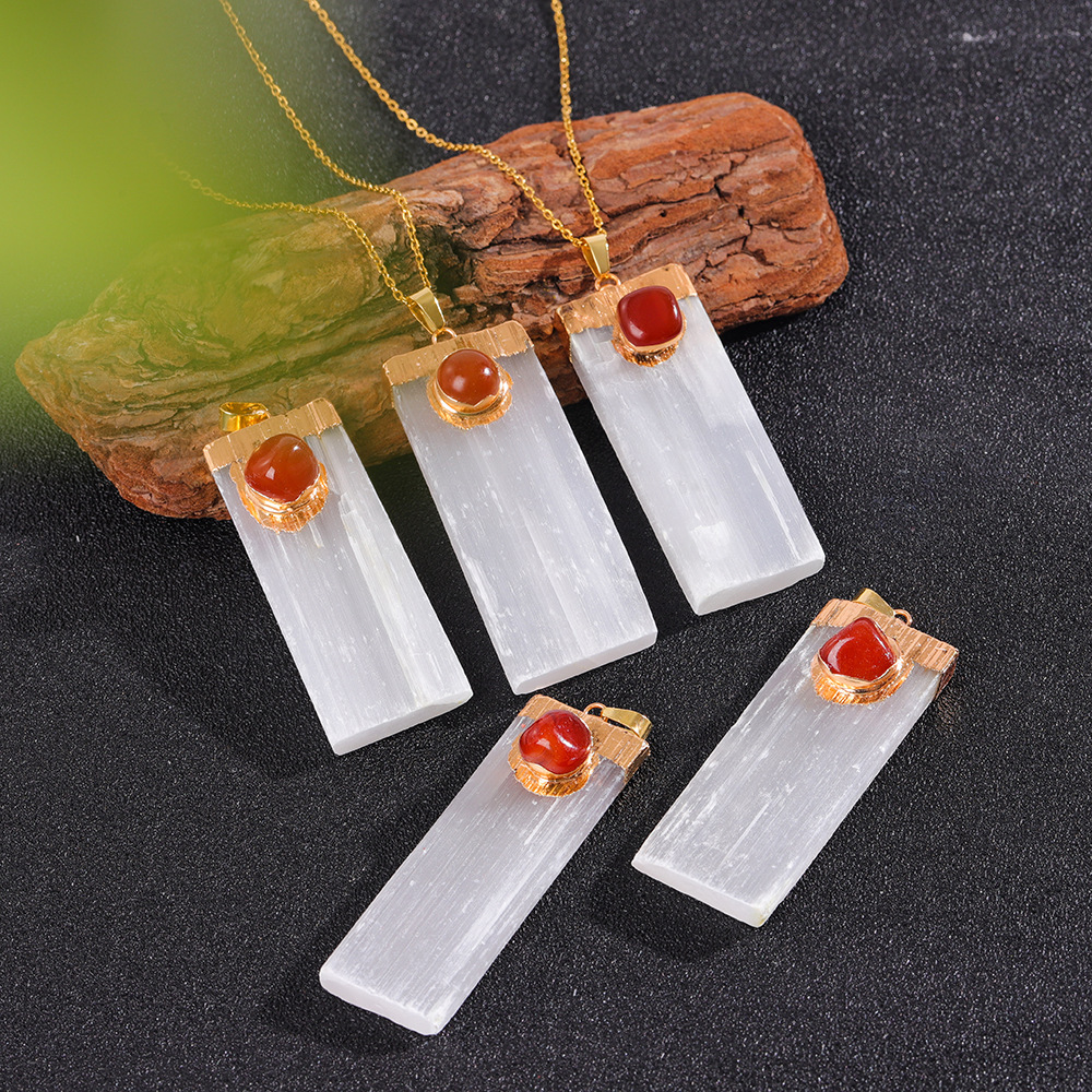 Tumbled Gemstone Wrapped Gold  Selenite Crystal Gypsum Strip Pendant Necklace-45cm Chain