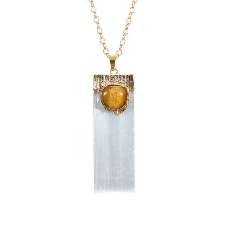 Tumbled Gemstone Wrapped Gold  Selenite Crystal Gypsum Strip Pendant Necklace-45cm Chain