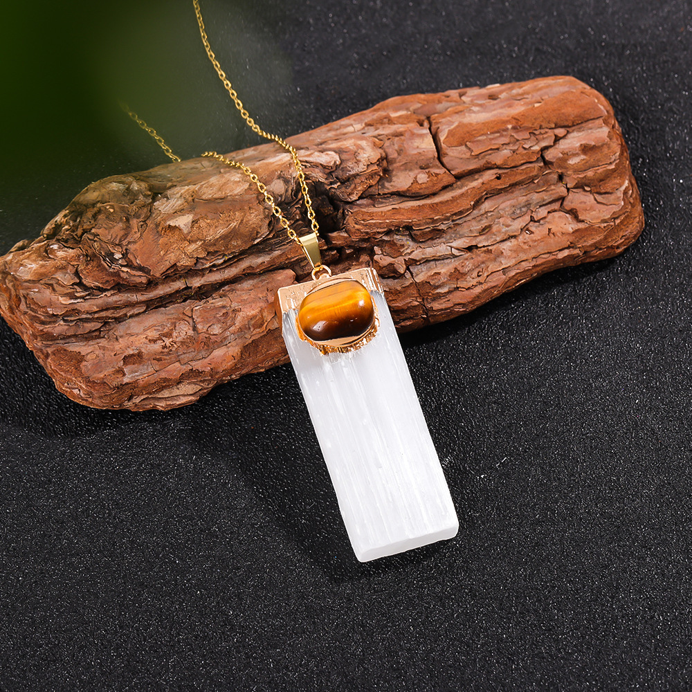 Tumbled Gemstone Wrapped Gold  Selenite Crystal Gypsum Strip Pendant Necklace-45cm Chain