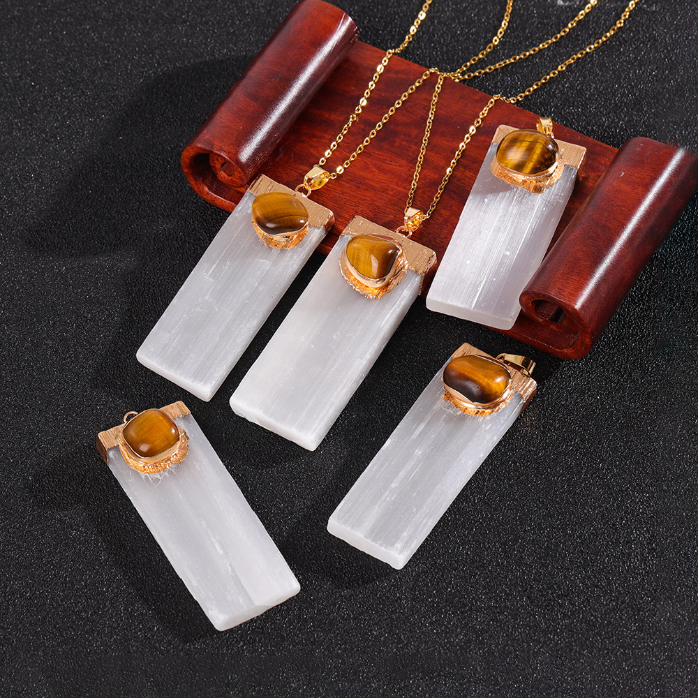 Tumbled Gemstone Wrapped Gold  Selenite Crystal Gypsum Strip Pendant Necklace-45cm Chain