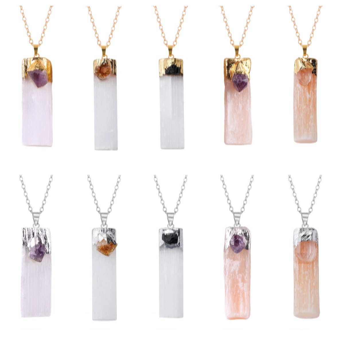 Raw Crystal Natural Selenite Crystal Gypsum Strip Pendant Necklace
