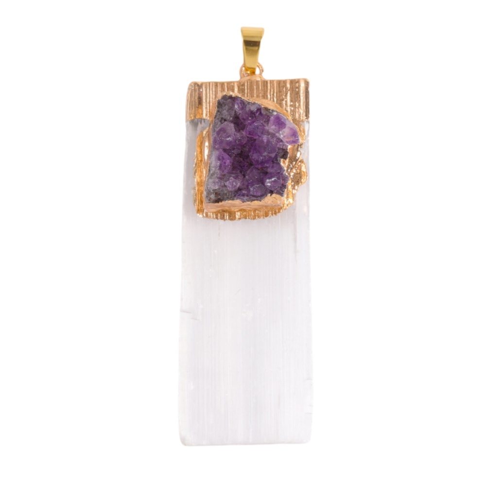 Natural Selenite Crystal Gypsum Strip Pendant Wrapped Amethyst Necklace