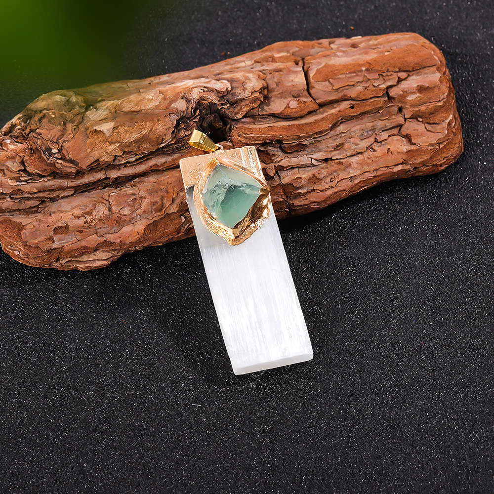 Raw Amethyst Natural Selenite Crystal Gypsum Strip Pendant Necklace