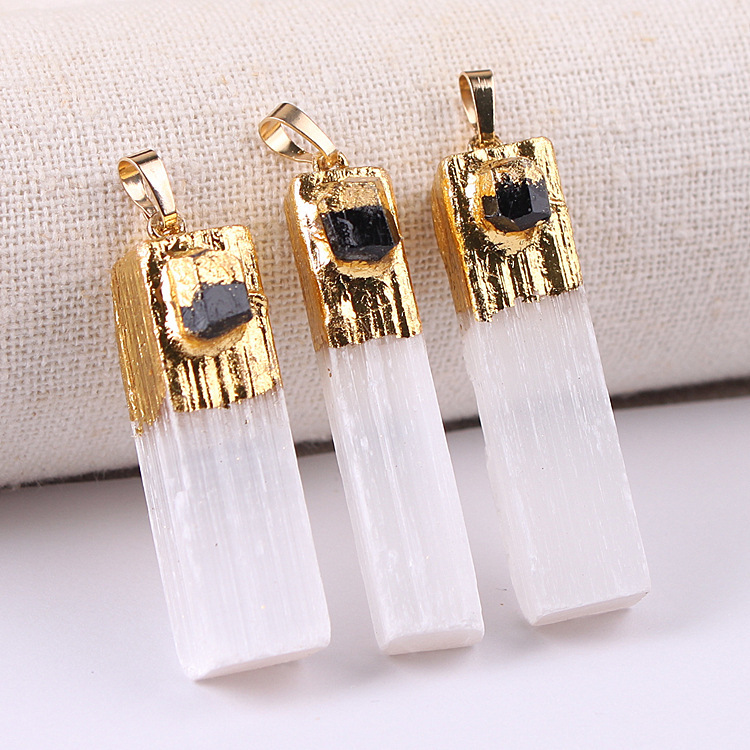 Raw Amethyst Natural Selenite Crystal Gypsum Strip Pendant Necklace