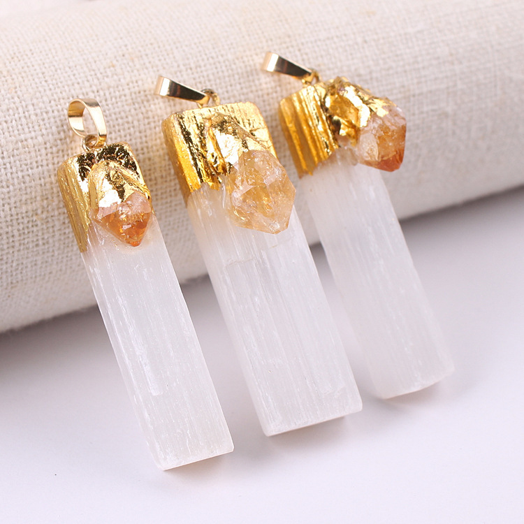 Raw Amethyst Natural Selenite Crystal Gypsum Strip Pendant Necklace