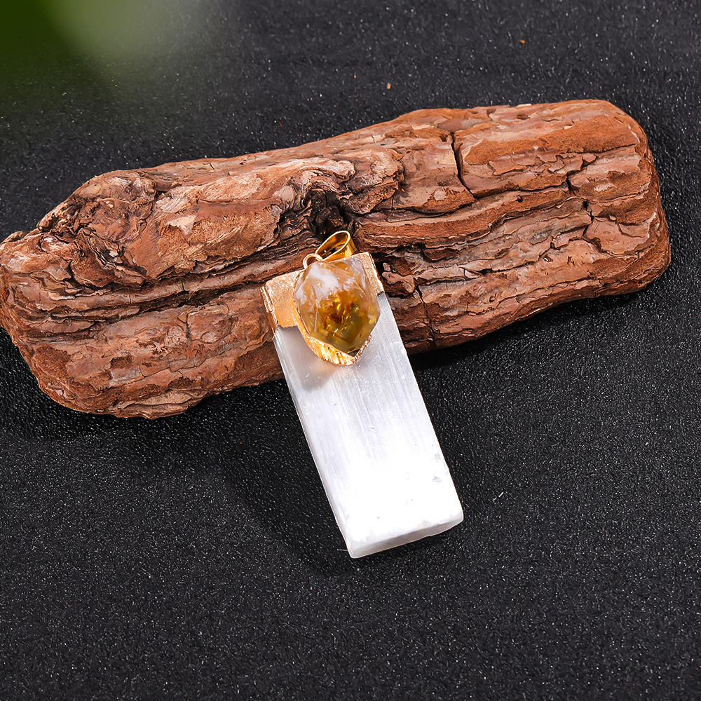 Raw Amethyst Natural Selenite Crystal Gypsum Strip Pendant Necklace