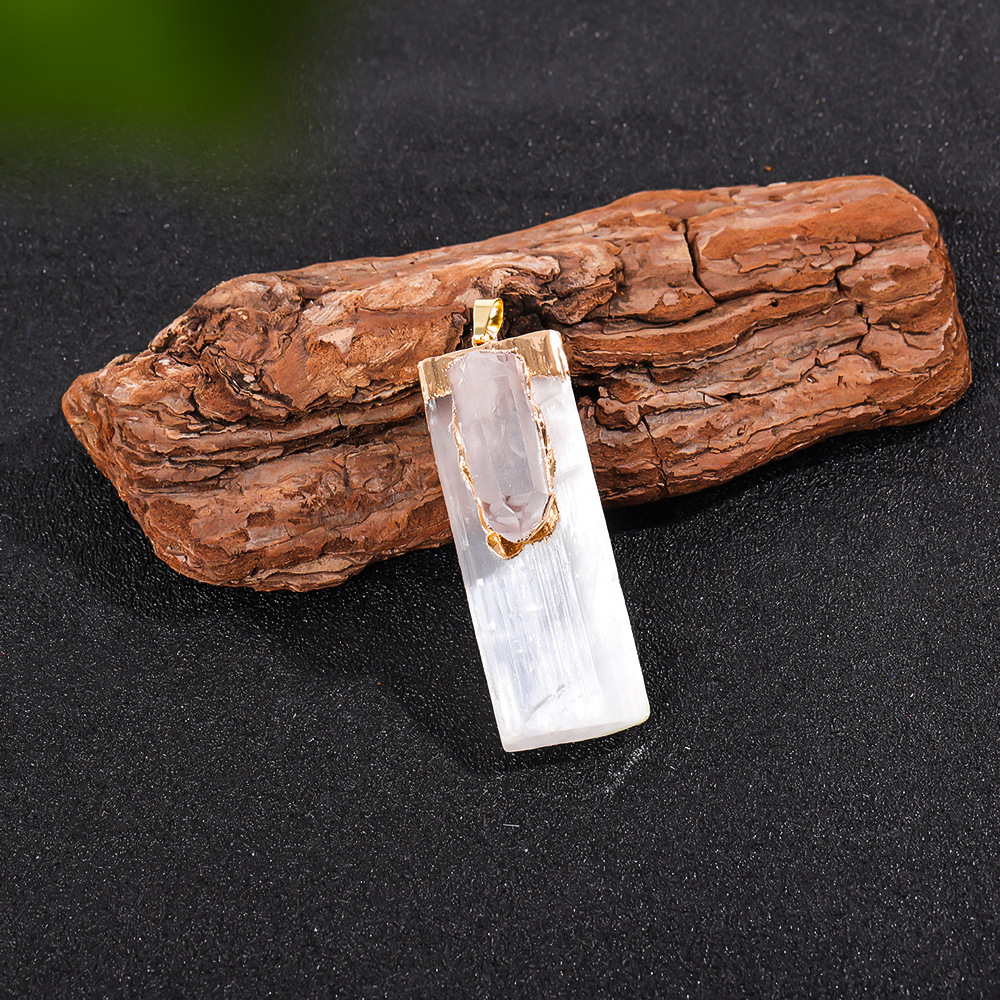 Raw Amethyst Natural Selenite Crystal Gypsum Strip Pendant Necklace