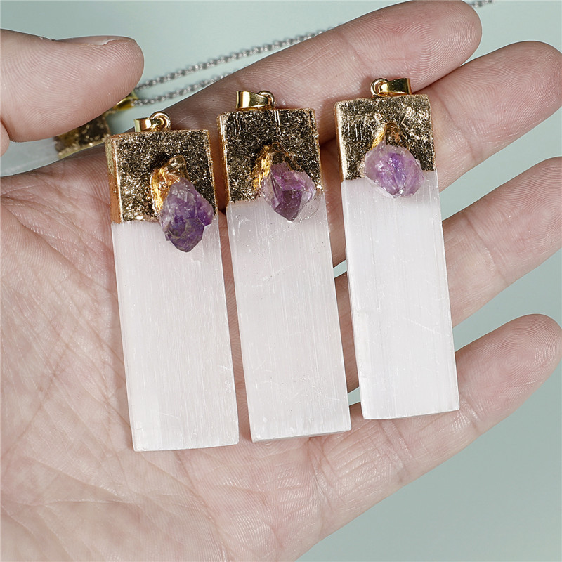 Raw Crystal Natural Selenite Crystal Gypsum Strip Pendant Necklace