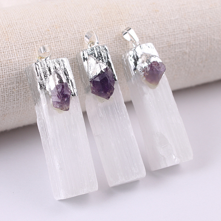 Raw Crystal Natural Selenite Crystal Gypsum Strip Pendant Necklace