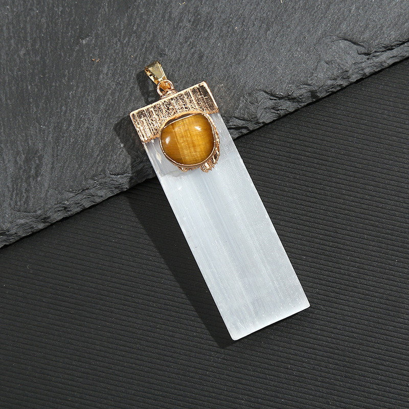 Tumbled Gemstone Wrapped Gold  Selenite Crystal Gypsum Strip Pendant Necklace-45cm Chain