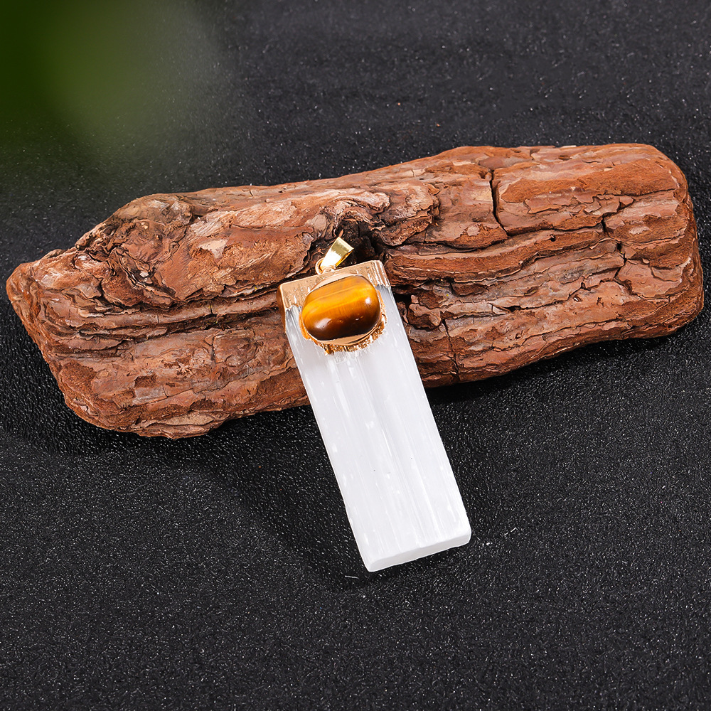 Tumbled Gemstone Wrapped Gold  Selenite Crystal Gypsum Strip Pendant Necklace-45cm Chain