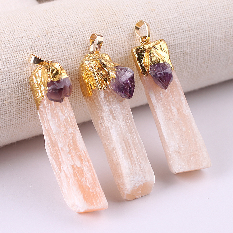 Raw Crystal Natural Selenite Crystal Gypsum Strip Pendant Necklace
