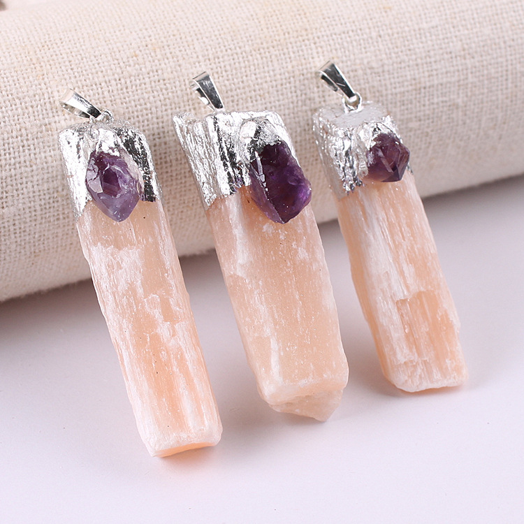 Raw Crystal Natural Selenite Crystal Gypsum Strip Pendant Necklace