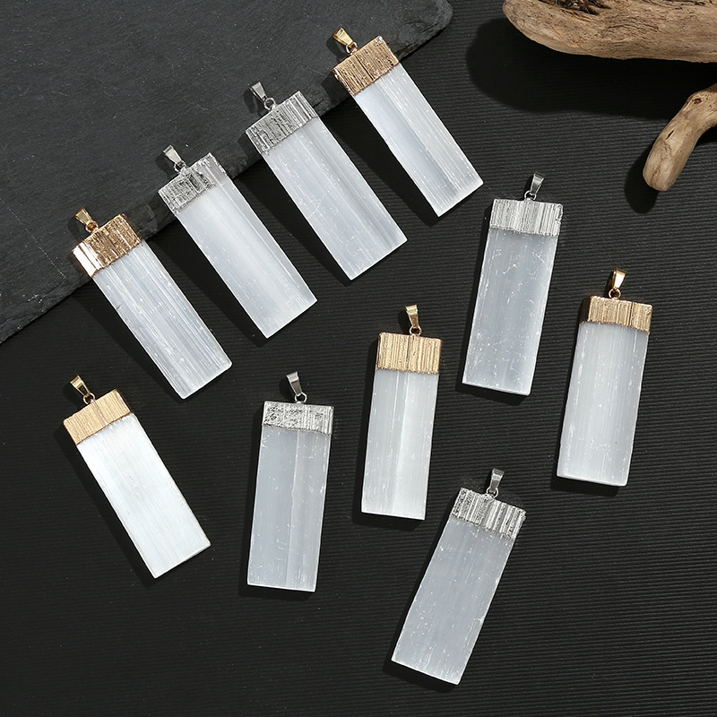 Natural Selenite Crystal Gypsum Strip Pendant Necklace with 45cm Chain