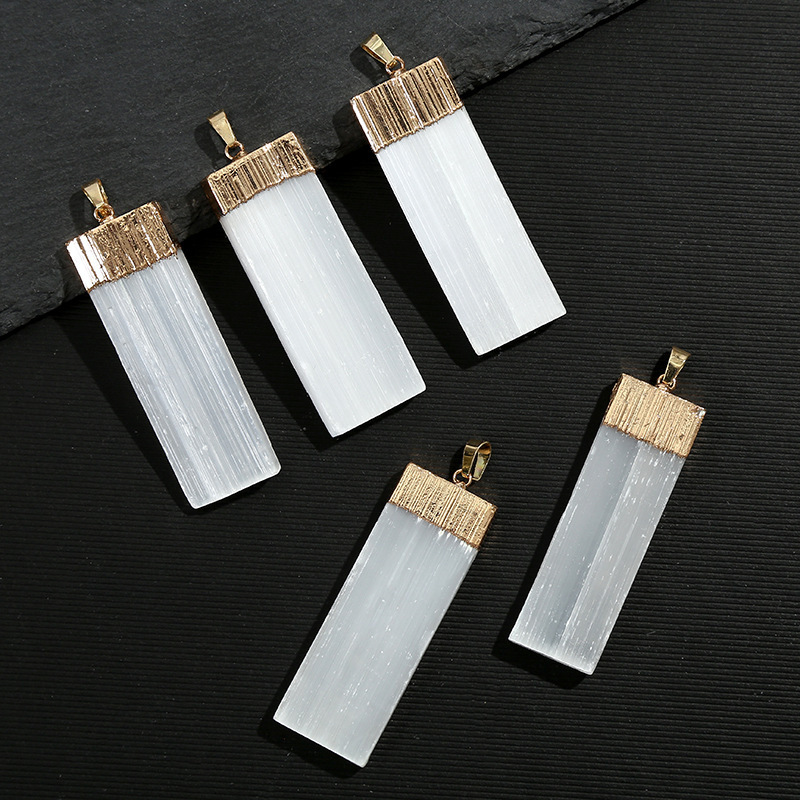 Natural Selenite Crystal Gypsum Strip Pendant Necklace with 45cm Chain