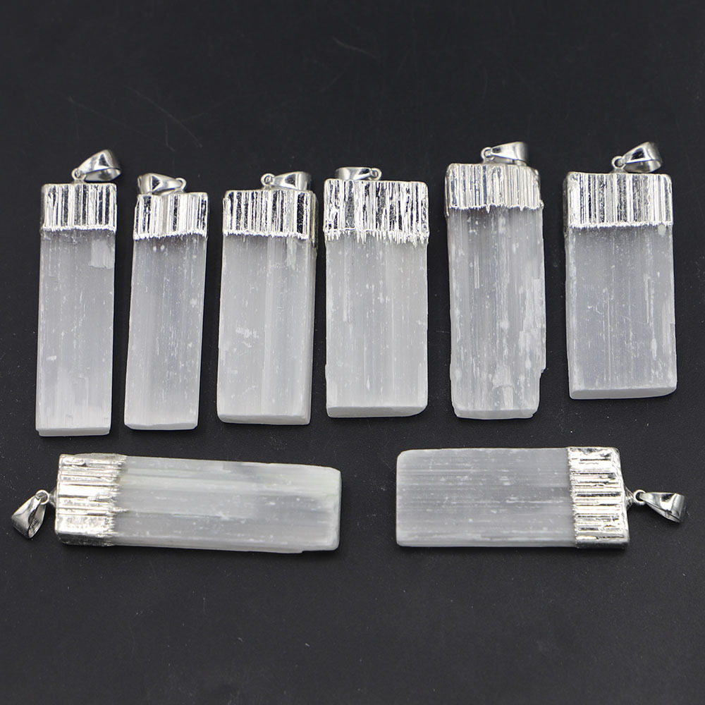 Natural Selenite Crystal Gypsum Strip Pendant Necklace with 45cm Chain