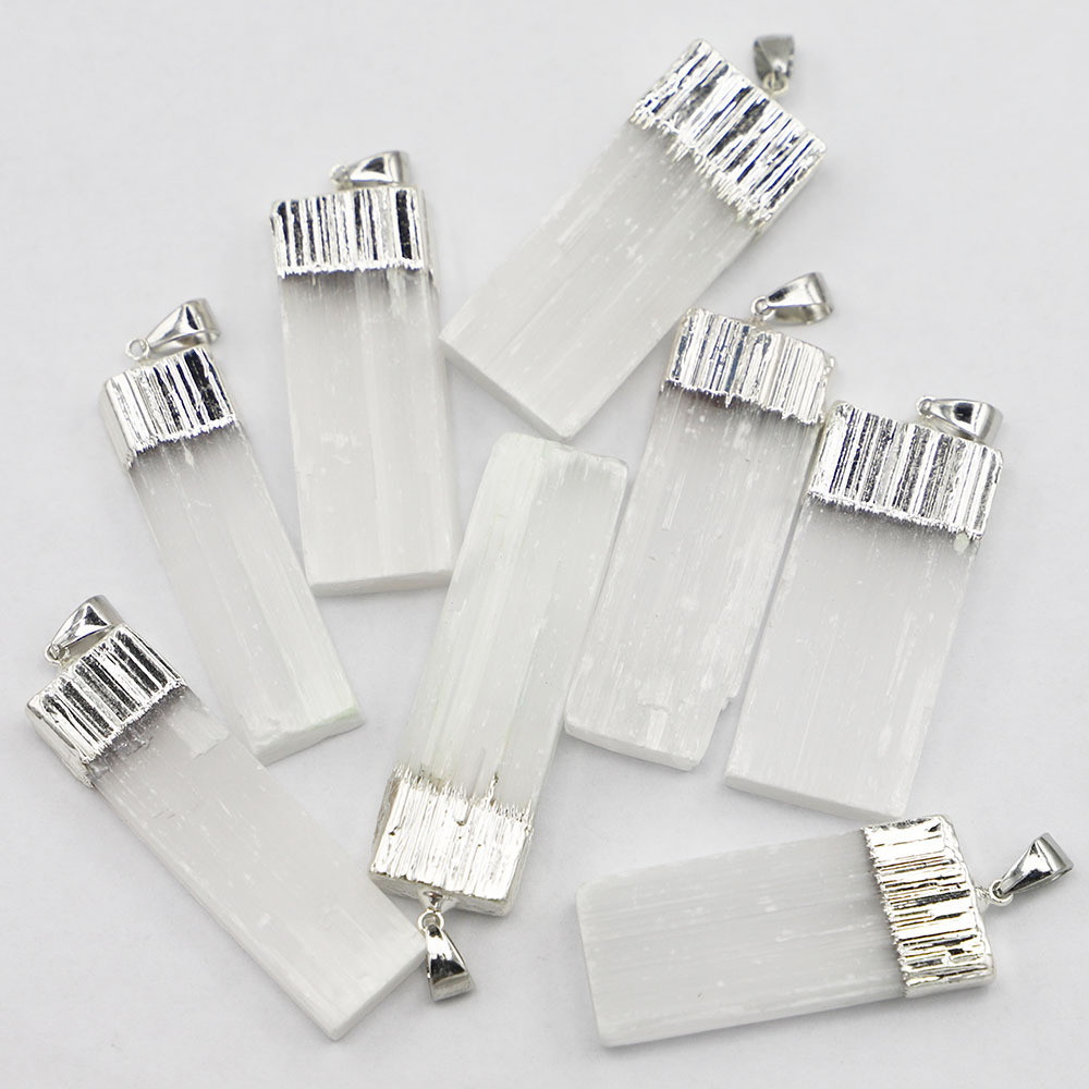 Natural Selenite Crystal Gypsum Strip Pendant Necklace with 45cm Chain