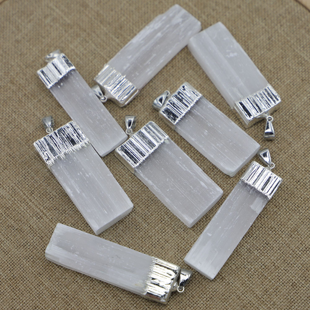 Natural Selenite Crystal Gypsum Strip Pendant Necklace with 45cm Chain