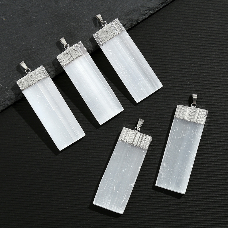 Natural Selenite Crystal Gypsum Strip Pendant Necklace with 45cm Chain