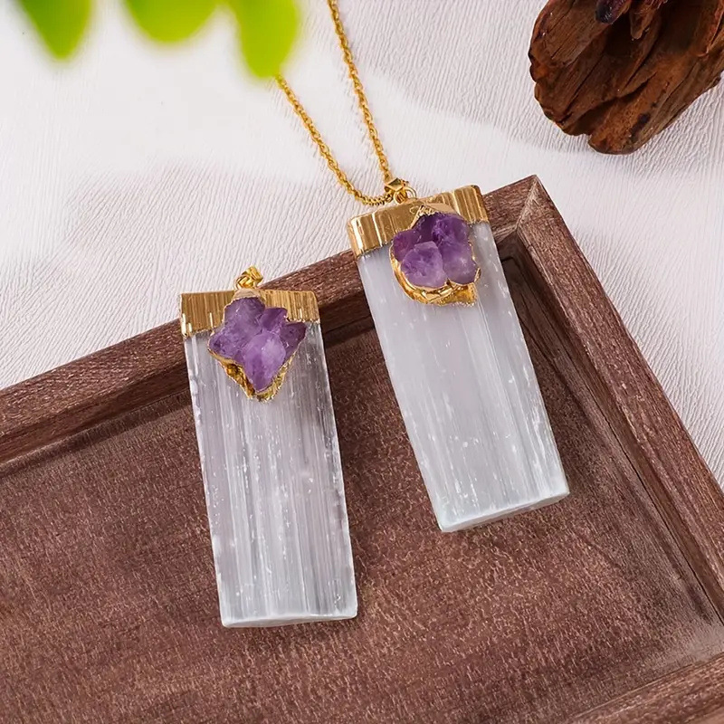 Raw Crystal Natural Selenite Crystal Gypsum Strip Pendant Necklace