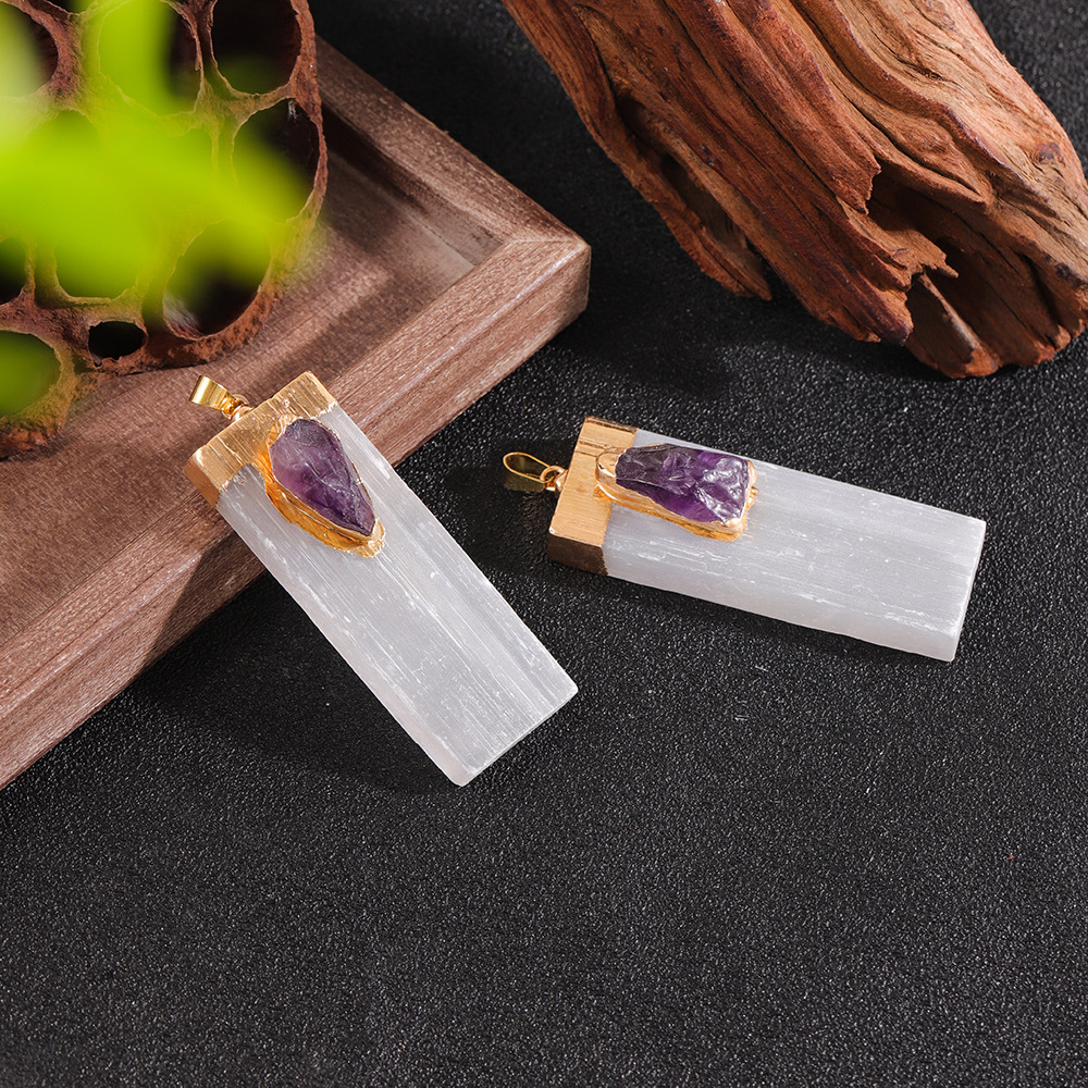 Raw Crystal Natural Selenite Crystal Gypsum Strip Pendant Necklace