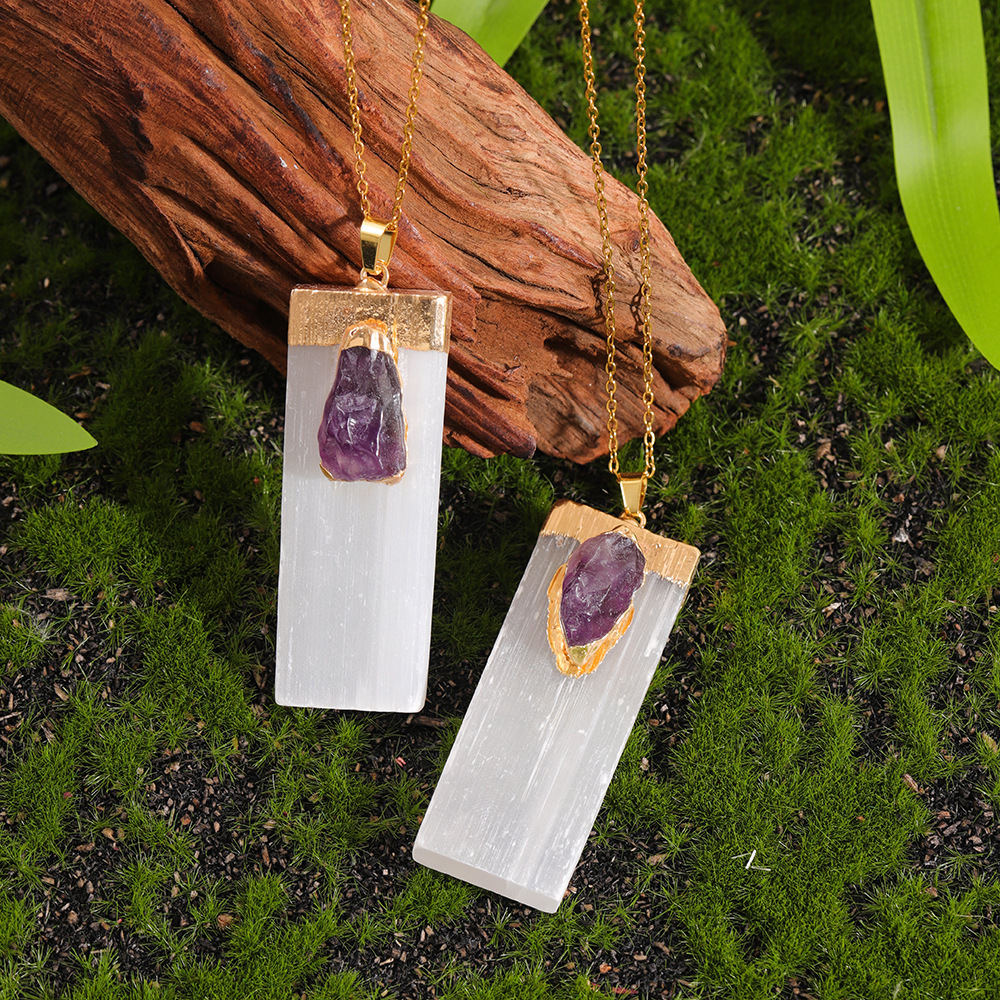 Raw Crystal Natural Selenite Crystal Gypsum Strip Pendant Necklace