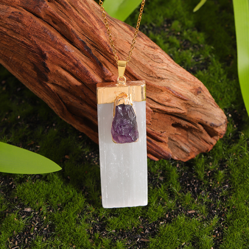 Raw Crystal Natural Selenite Crystal Gypsum Strip Pendant Necklace