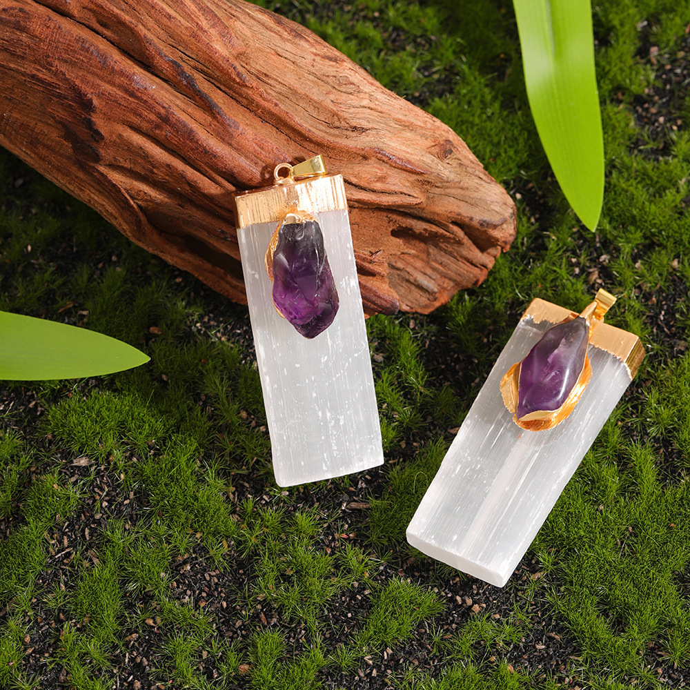 Raw Crystal Natural Selenite Crystal Gypsum Strip Pendant Necklace