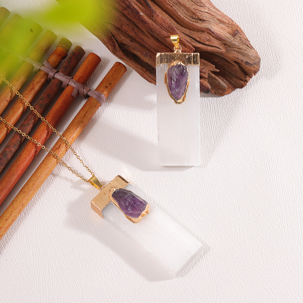 Raw Crystal Natural Selenite Crystal Gypsum Strip Pendant Necklace