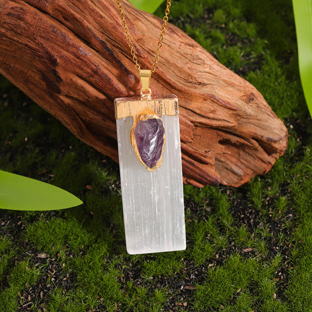 Raw Crystal Natural Selenite Crystal Gypsum Strip Pendant Necklace