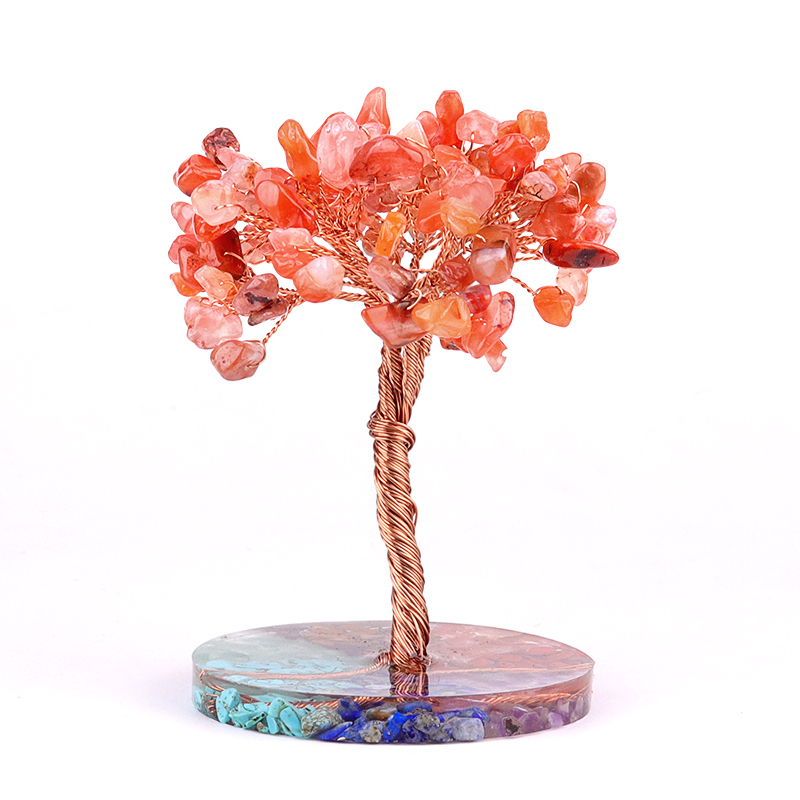 Raw Gemstone Copper Life of Tree Spiritual Meditation Energy Room Office Desk Decor Gifts-7 Chakra Stone Resin Base