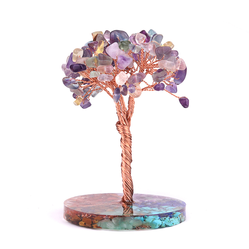 Raw Gemstone Copper Life of Tree Spiritual Meditation Energy Room Office Desk Decor Gifts-7 Chakra Stone Resin Base