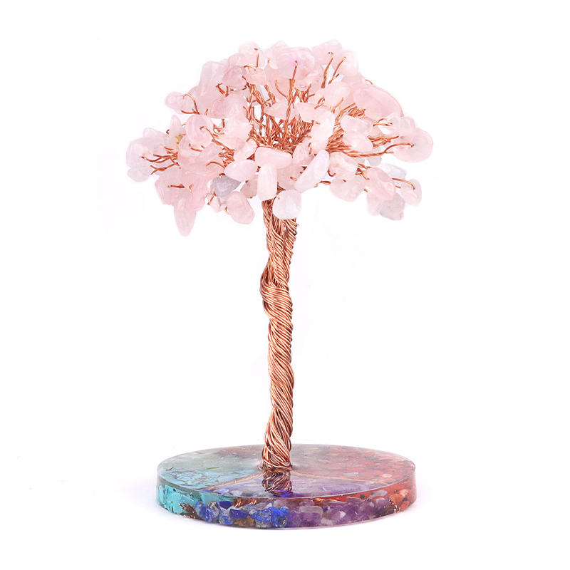 Raw Gemstone Copper Life of Tree Spiritual Meditation Energy Room Office Desk Decor Gifts-7 Chakra Stone Resin Base