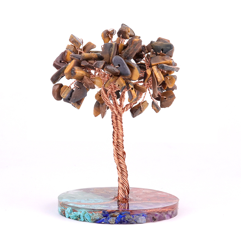 Raw Gemstone Copper Life of Tree Spiritual Meditation Energy Room Office Desk Decor Gifts-7 Chakra Stone Resin Base