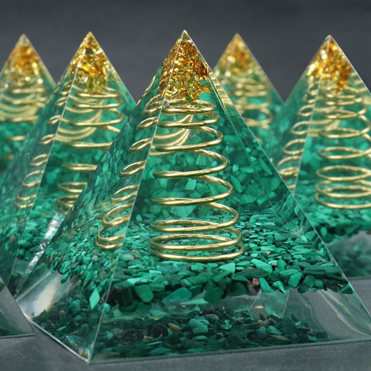 Malachite Raw Base Gold 60MM Pyramid Ornament for Home Decor