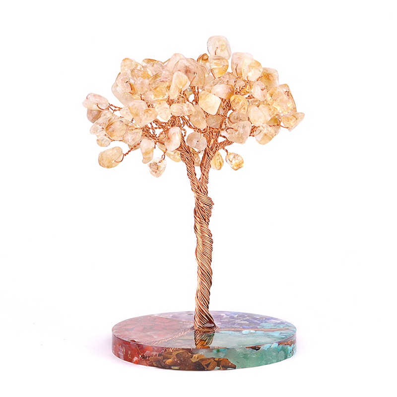 Raw Gemstone Copper Life of Tree Spiritual Meditation Energy Room Office Desk Decor Gifts-7 Chakra Stone Resin Base