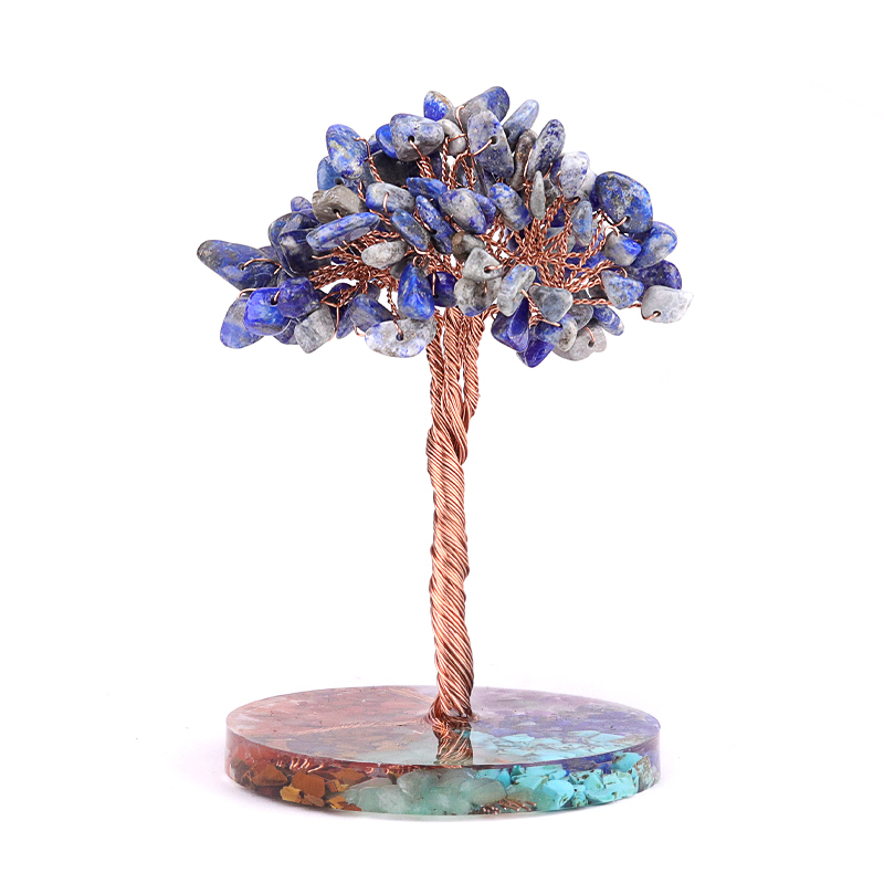 Raw Gemstone Copper Life of Tree Spiritual Meditation Energy Room Office Desk Decor Gifts-7 Chakra Stone Resin Base
