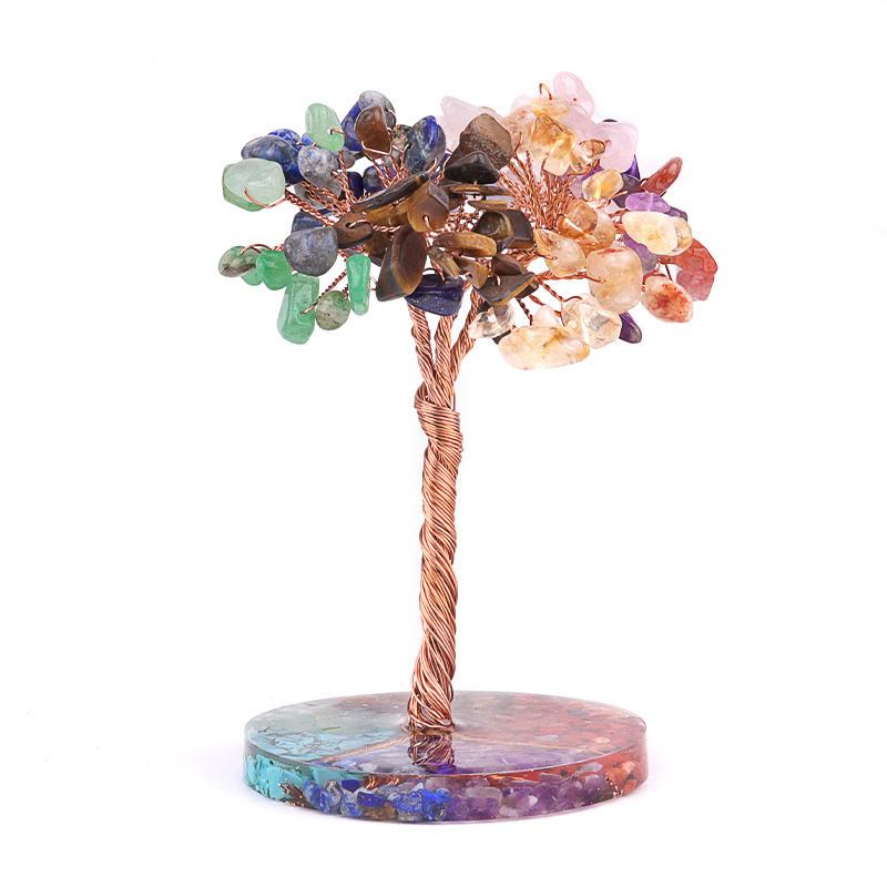 Raw Gemstone Copper Life of Tree Spiritual Meditation Energy Room Office Desk Decor Gifts-7 Chakra Stone Resin Base