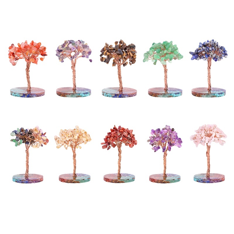 Raw Gemstone Copper Life of Tree Spiritual Meditation Energy Room Office Desk Decor Gifts-7 Chakra Stone Resin Base